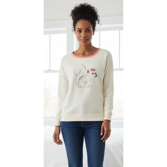 Arizona Jean Co Womens Sweater Squirrel Animal Print Back Buttons Pullover Large