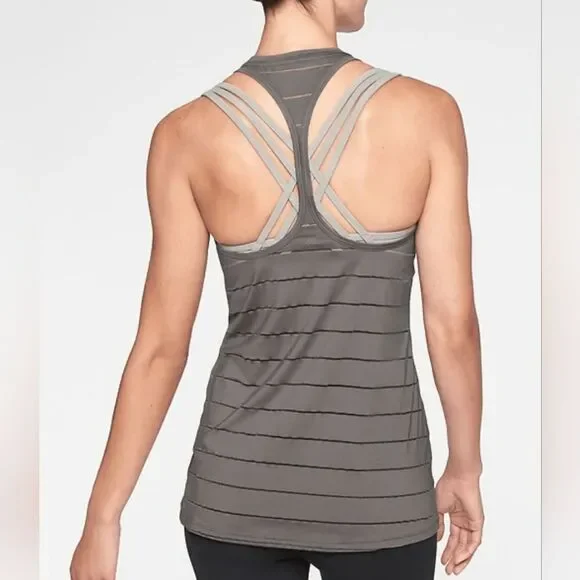 Athleta Gray Stripe Mesh High Neck Chi Racerback Tank Size Small