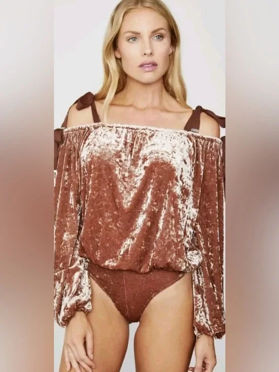 FP x HAH  Rose Brown Velvet Off-Shoulder Tie-Shoulder Bodysuit