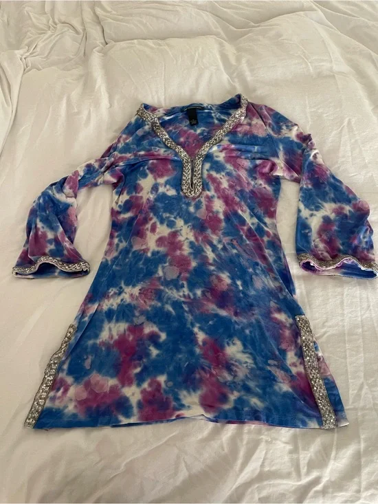 Tie-Dye Blue & Purple Beaded Tunic Top