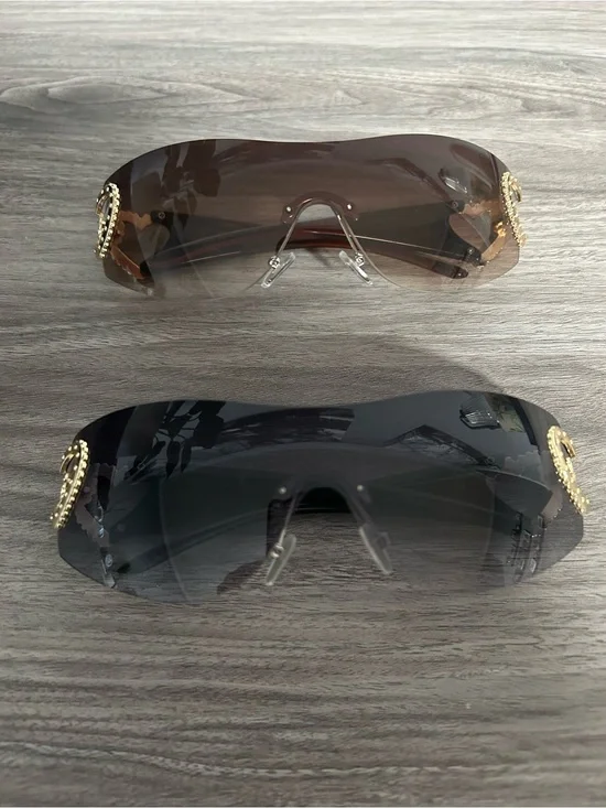 Rimless Shield Sunglasses with Gold Embellished Sides - Brown & Black Lenses