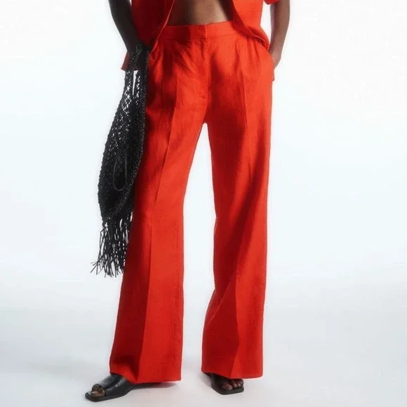 COS Orange Linen Cotton Wide Leg High Rise Waisted Trousers Pants Size 10
