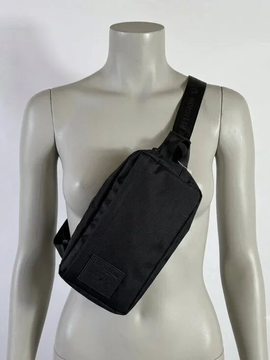 True Religion Balck Crossbody Sling Bag Ajustable logo Strap Rubber Patch Logo