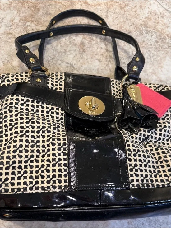 Coach Black and Cream Signature Tote with Patent Trim and Gold Hardware