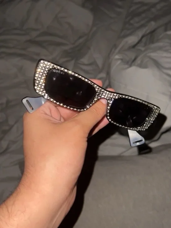Gucci Black Crystal-Studded Rectangular Sunglasses