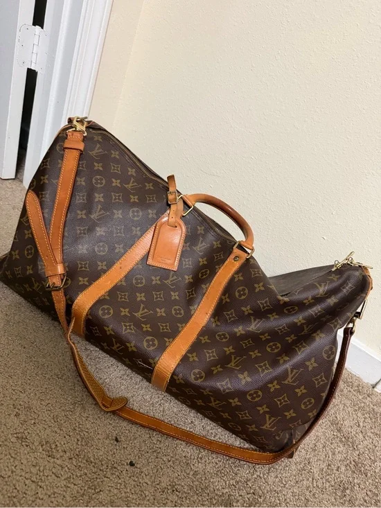 Louis Vuitton Brown Monogram Canvas Travel Duffel with Tan Leather Trim