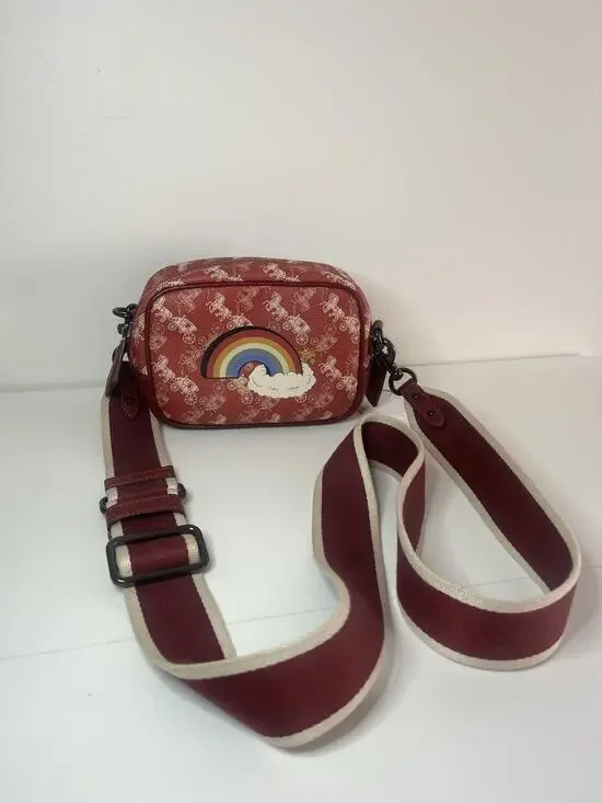 COACH Red Camera Mini Bag 16 Horse Carriage Rainbow Crossbody NWT $336 Sm. Flaw