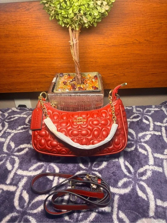 Coach Quilted Signature Leather Shoulder Bag in Red