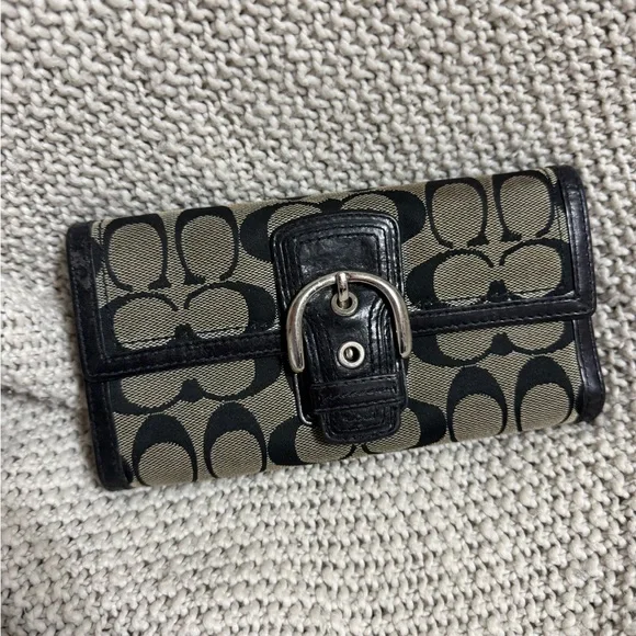 Coach Wallet Leather Silver Snap‎ Signature Canvas Black/Khaki