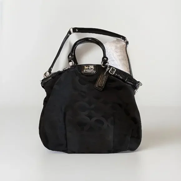 Coach‎ F1806 Black Signature C Sateen Satchel Crossbody Bag Patent Leather Trim