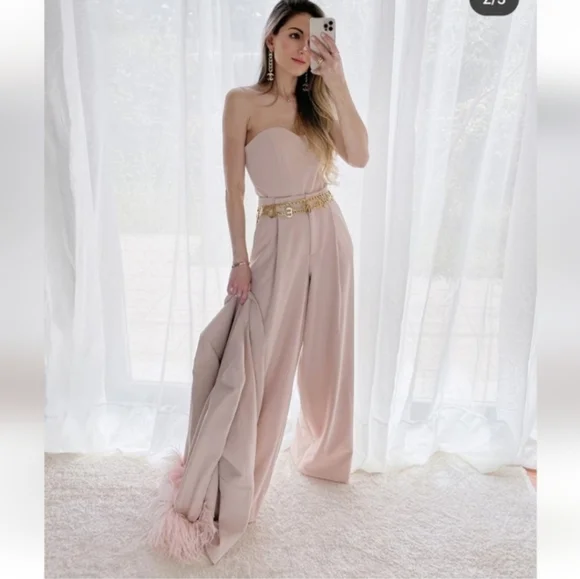 Zara 2 Pc Set Wide Leg Pants & Bustier Corset Top Beige Pink Size S