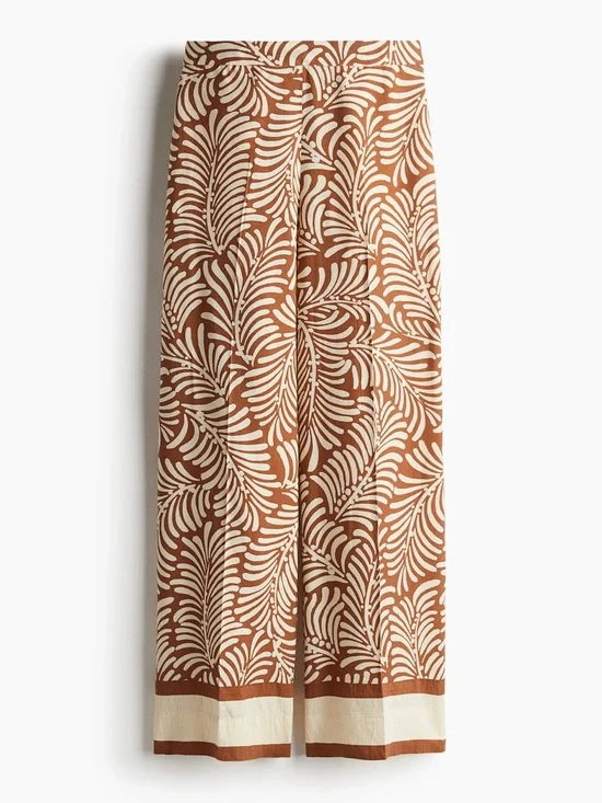 H&M, Wide Leg Printed Linen Pants - Brown & Cream