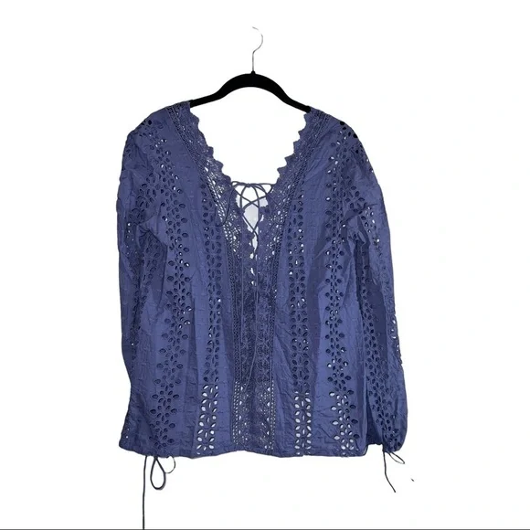 BARDOT Cotton Eyelet Embroidered Open Back Front Tie Long Sleeve Blouse