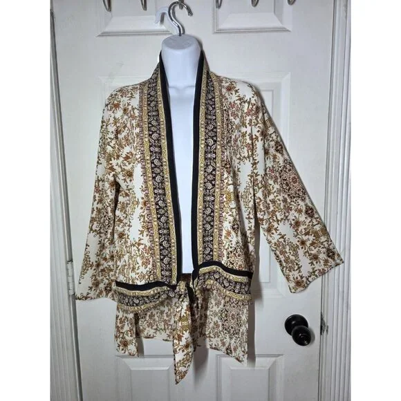 Willow & Root Open Cardigan Top Long Sleeve Top Brown Black Waist Tie Stretchy M