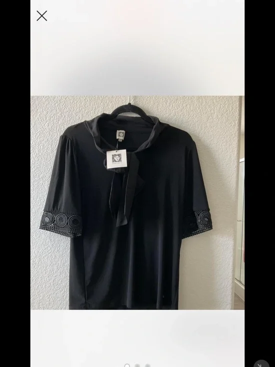 Anne Klein Black Short Sleeve Top with Tie Neck and Lace Trim