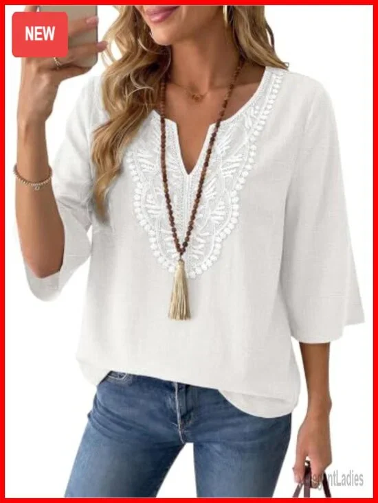 Linen Blend Boho Blouse 3/4 Sleeve V-Neck Casual Summer Top