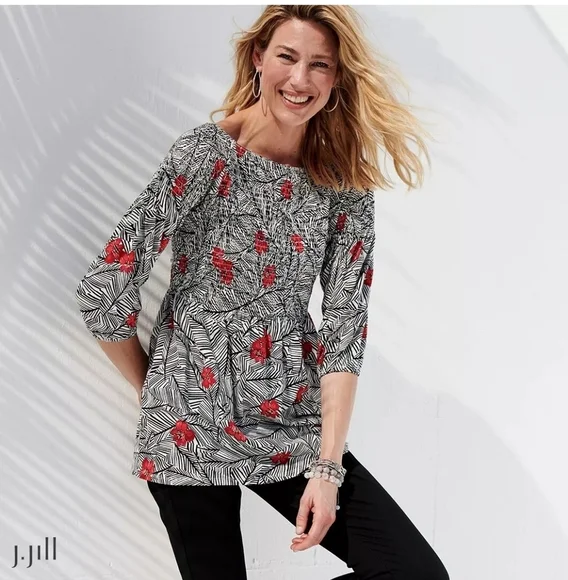 J.Jill Smocked Black White Red Floral Peasant‎ Top Size Large Tall