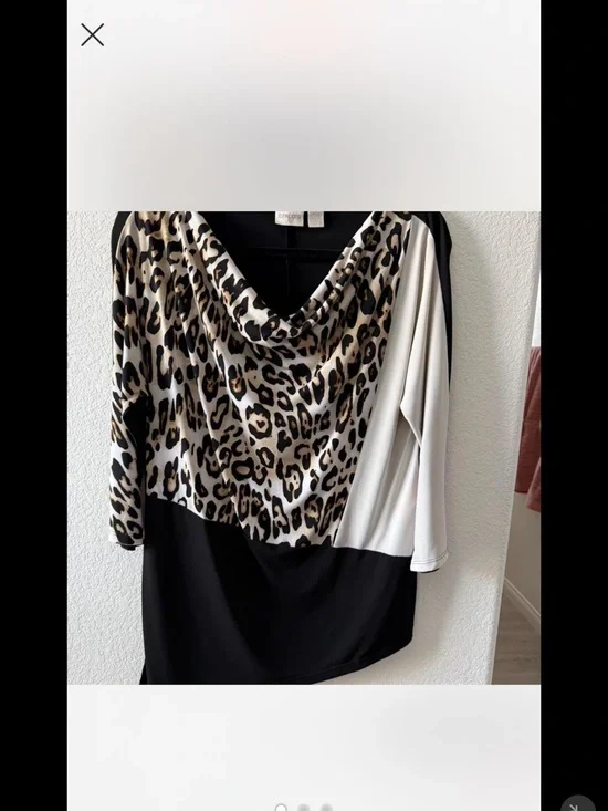 Chico's Black and Cream Cowl Neck Top with Leopard Accent