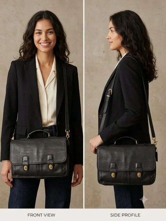 Coach Vintage Black Leather Messenger/Briefcase Bag Rare Dual Twist-Lock Closure