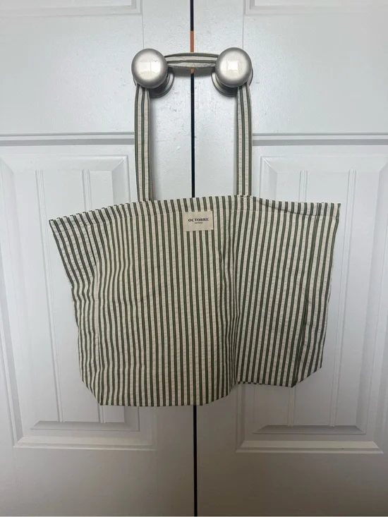 OCTOBRE Green & Cream Striped Canvas Tote Bag