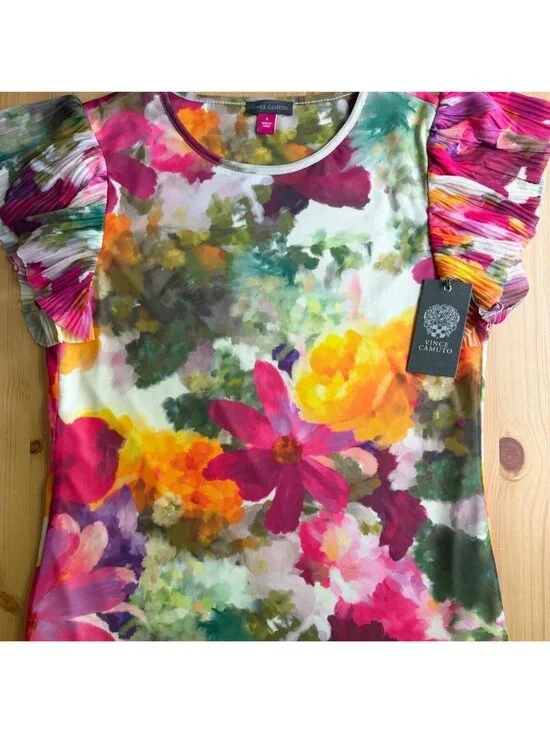 NWT Vince Camuto Floral Mesh Blouse Ruched Pleated Puff Sleeve Top Size Small