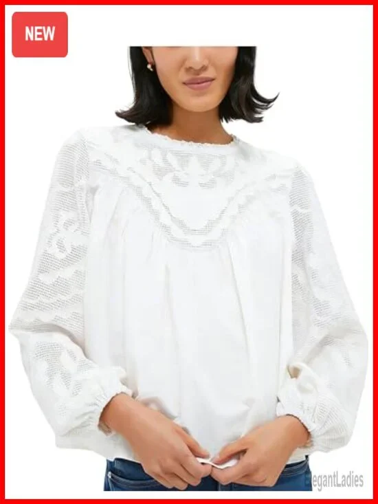 Women's Long Sleeve Lace Blouse Crew Neck Embroidered Mesh Shirt Flowy Babydoll