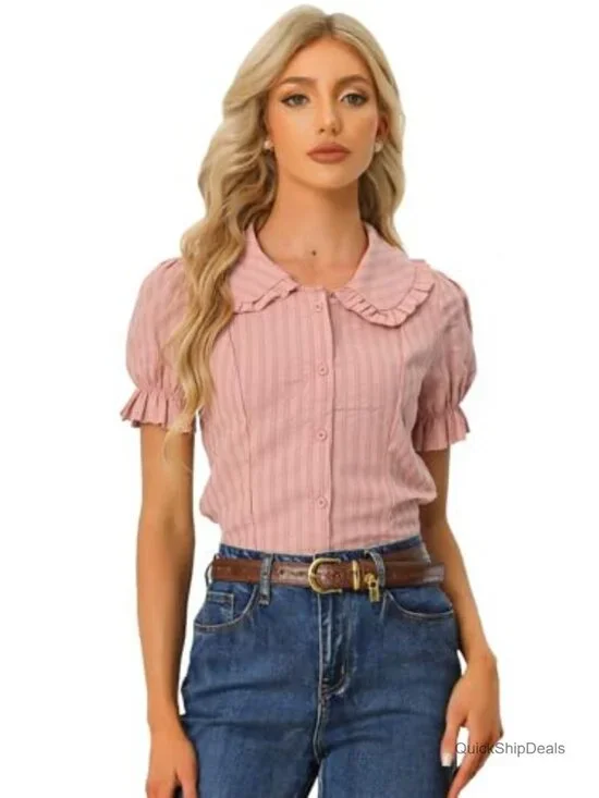 Peter Pan Collar Button Down Shirt Short Sleeve Cotton Blouse