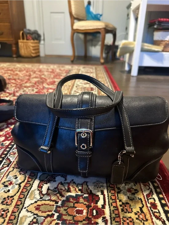 Coach Black Leather Duffel Satchel with Contrast Stitching
