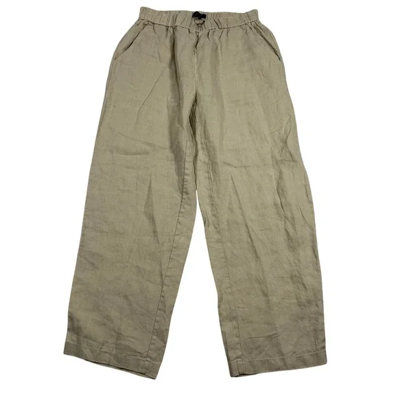 Quince Linen Pants Women XS Beige Premium Flax Wide Leg Cropped Elastic Waist