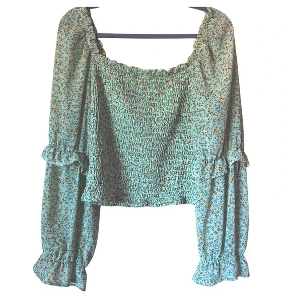 Wild Fable Floral Smocked Top Womens XXL Sage Green Excellent Puff Sleeve Boho