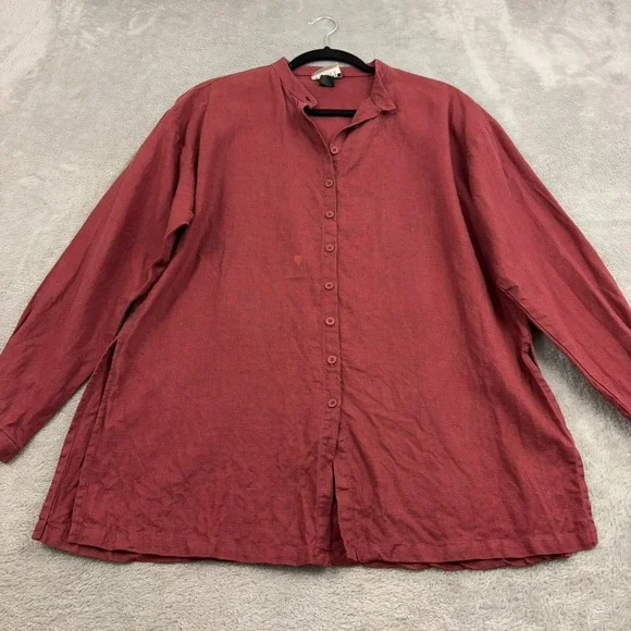 VTG Eileen Fisher Irish Linen Stand Collar Mandarin Shirt Womens‎ S Burnt Red