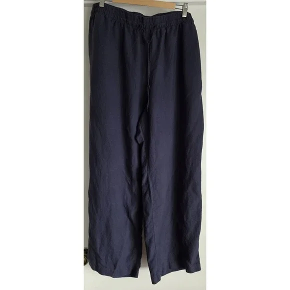 H&M Women XXL Dark Blue Linen Blend Casual Pants Trousers Slacks Wide-Leg