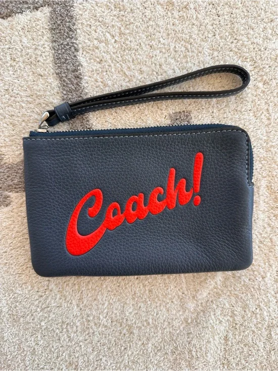 Coach Black Leather Wristlet with Red Script Logo