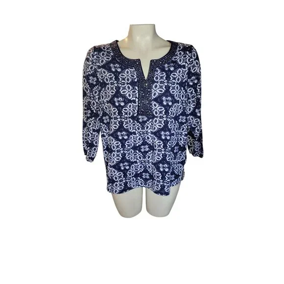 Croft & Barrow Floral Print Tunic Top Embellished Neckline Womens L blue beach‎