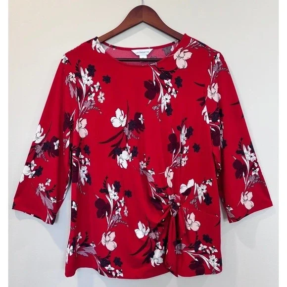 Liz Claiborne Floral Knot Front Top Sz 0X (14W) 3/4 Sleeve Stretch Top