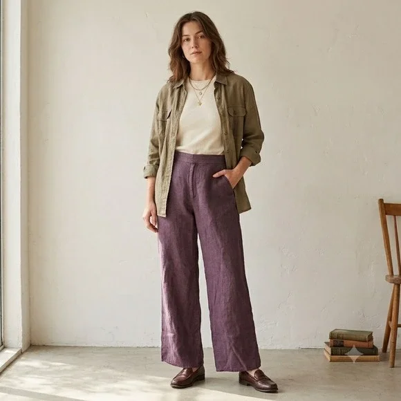 Vintage 90s Banana Republic Womens Pants 2 Purple 100% Linen Wide Leg Lagenlook