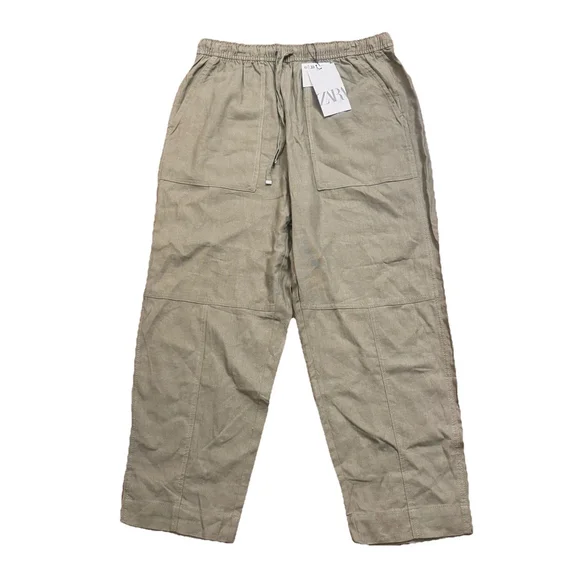 NWT Zara Linen Blend Cargo Pants Size:L Pockets Pull On women Olive Lightweight