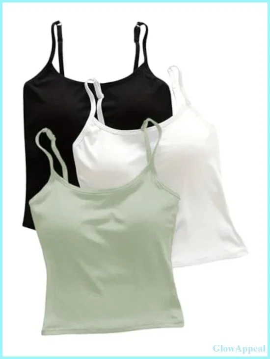 3 Pack Cami Crop Top Built in Bra Spaghetti Strap Tank Camisole