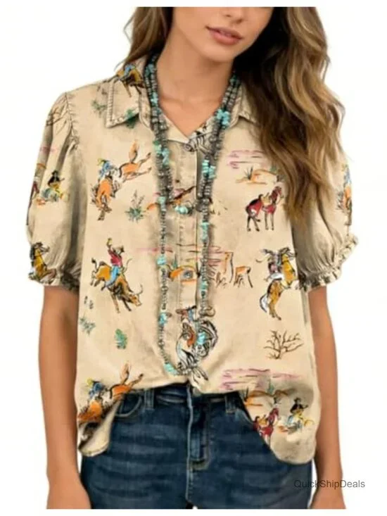 Western Cowboy Print Blouse V-Neck Short Sleeve Button-Down Puff Sleeve Top