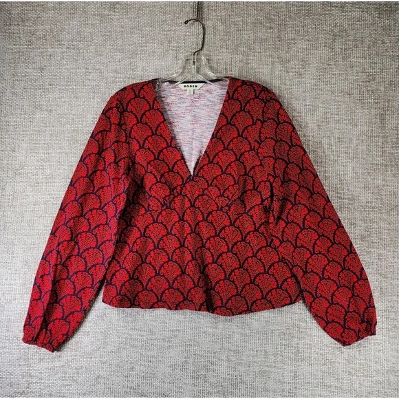 Boden 100% Cotton Peplum‎ Top Womens 8 Red Blue Floral Fans Long Sleeve EUC