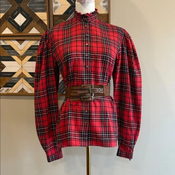Vintage Ralph Lauren Red and Black Plaid Button-Front Puff Sleeve Top size 8
