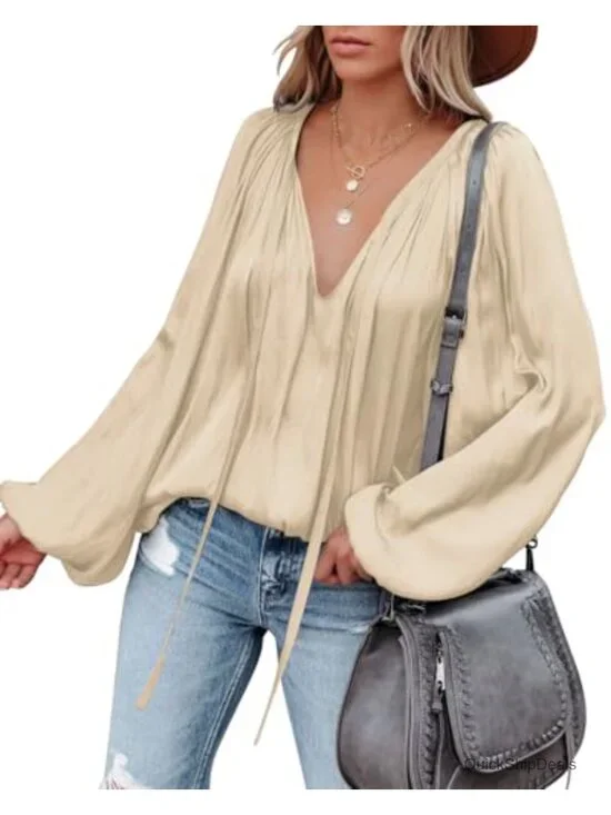 Women's Deep V Neck Blouse Lantern Long Sleeve Chiffon Shirt Oversized