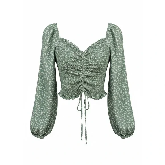 Hespens Sage‎ Green Floral Smocked Crop Top Sweetheart Neck Long Sleeve Size L