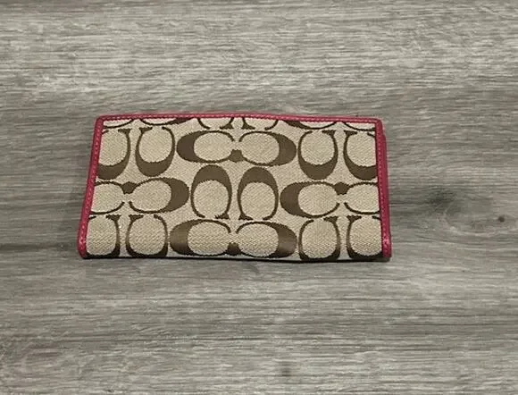 Coach Signature Canvas Checkbook Wallet Khaki Brown Pink Leather