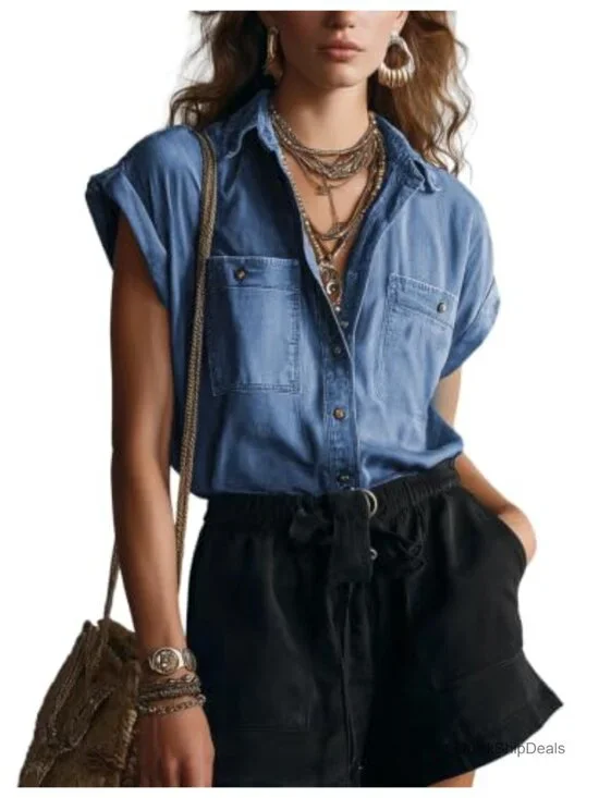 Denim Button Down Shirt Cap Sleeve Casual Western Blouse Top