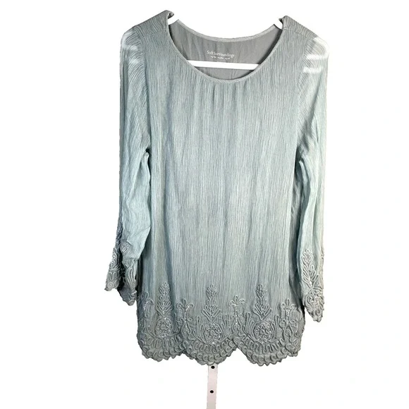 Soft Surroundings Medium‎ Silk Tunic Top Beach Vacation Blue Coral Shirt