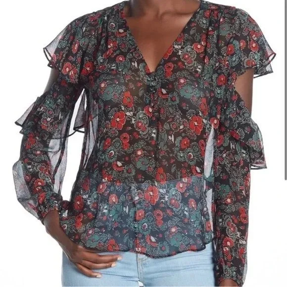 Veronica Beard Floral Print Cold Shoulder‎ Ruffle Sleeve Blouse Top size 10