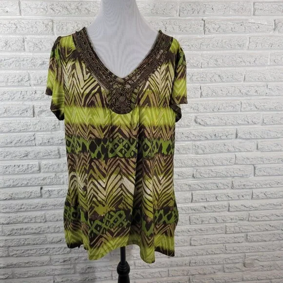Avenue Women's 18/20 Plus Green Geometric Beaded Sequin Flutter Sleeve GEO186E