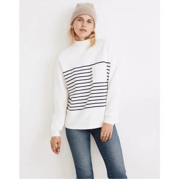 Madewell (Re)Sourced Cotton Striped Mock Neck Pocket Sweatshirt XXS White Black