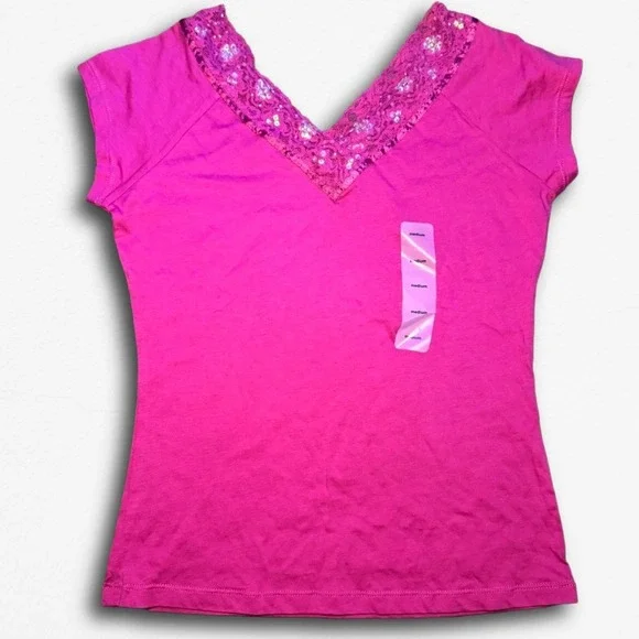 Ellemenno‎ Hot Pink Cotton Sequin Lace V-Neck T-Shirt Y2K Women Medium NWOT
